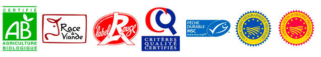 les logos des labels sont représentés dans l'ordre suivant : certifié agriculteur biologique, race à viande, label rouge, critère qualité certifié, pêche durable MSC, indication géographique protégée, appellation d'origine protégée