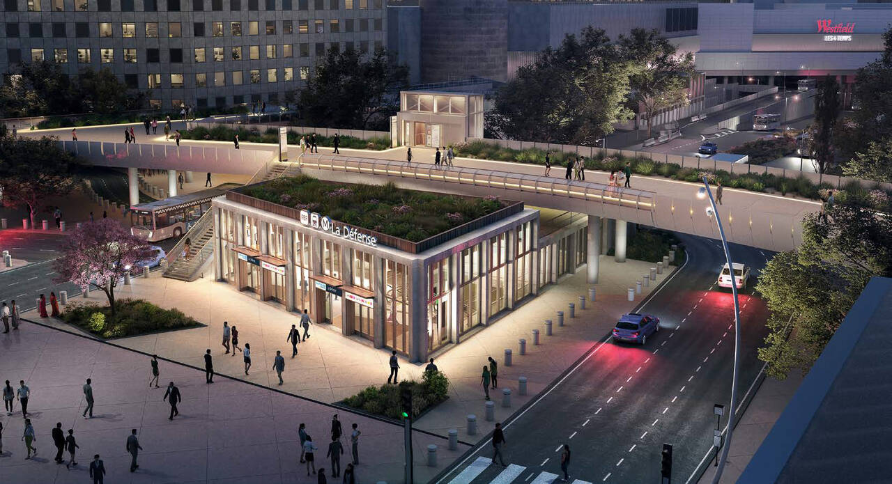 À quelques pas du quartier d’affaires, la gare La Défense crée un nouvel espace central entre Courbevoie et Puteaux.